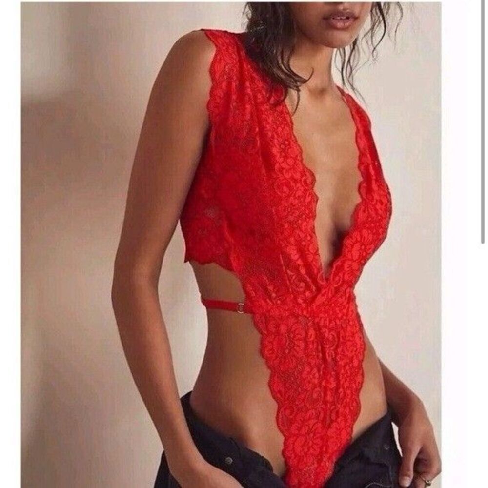 NWT Free People We Are HAH Cut to the Chase Bodysuit Lace Lingerie Top Red XL